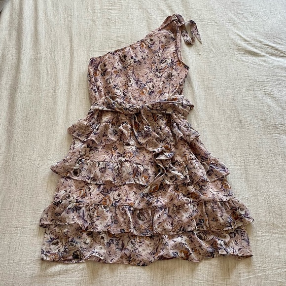 BTFBM One Shoulder Casual Floral Boho High Ruffle Tiered A Line Flowy Mini Dress - Picture 8 of 9